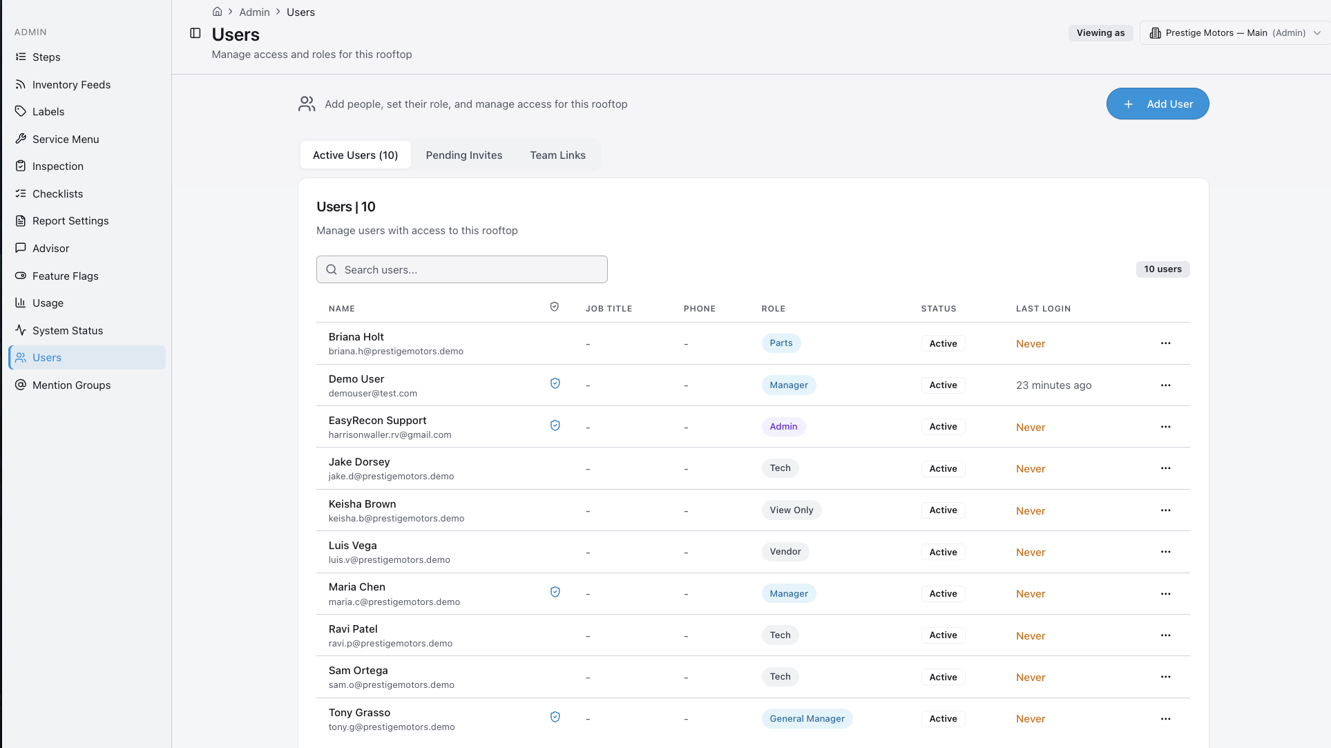 Admin Team page listing users with their roles, emails, and active status