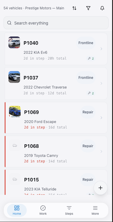 EasyRecon dashboard on a mobile screen — list of cars in recon with their current step