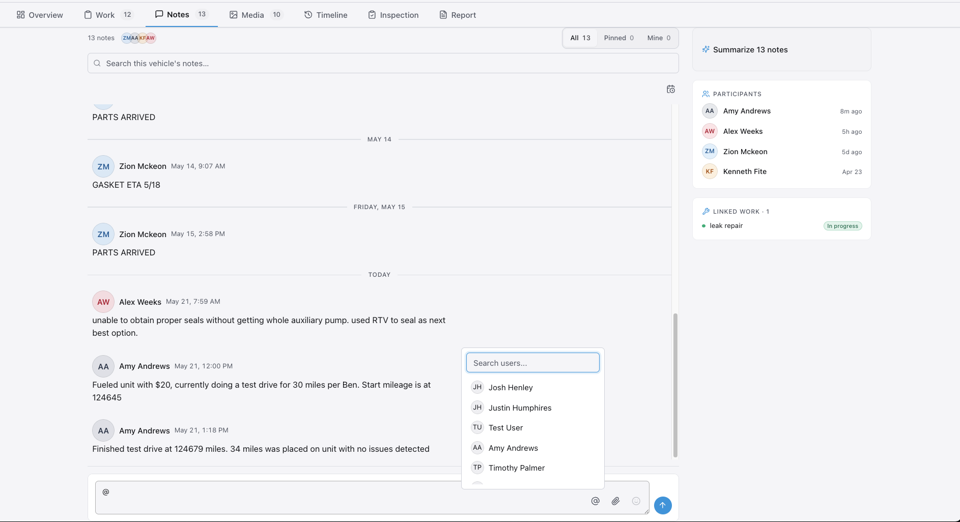 Note composer on a vehicle with the @mention picker open, listing teammates by name