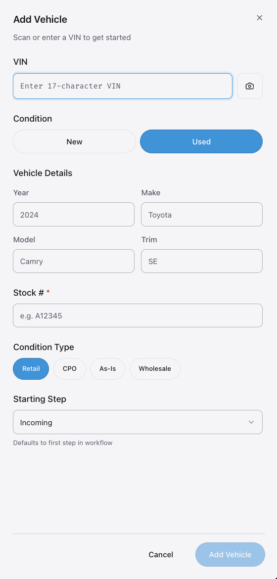 Add Vehicle form with VIN field; EasyRecon decodes year, make, model, and trim